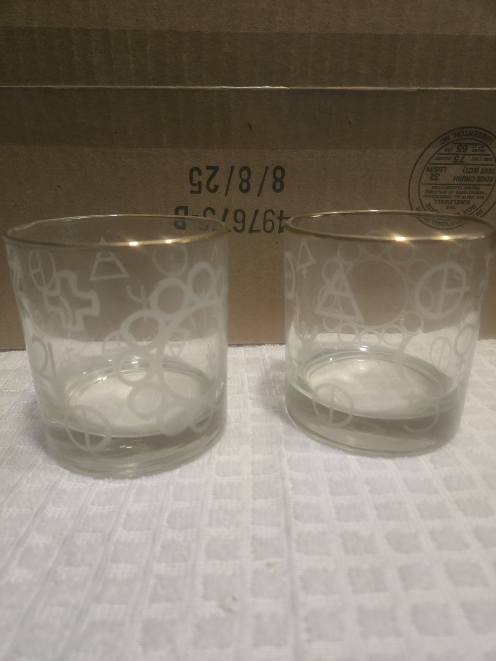 Vintage Libbey MCM Frosted Geometric Glasses with Gold Rim - Pair of 2 (Signed)